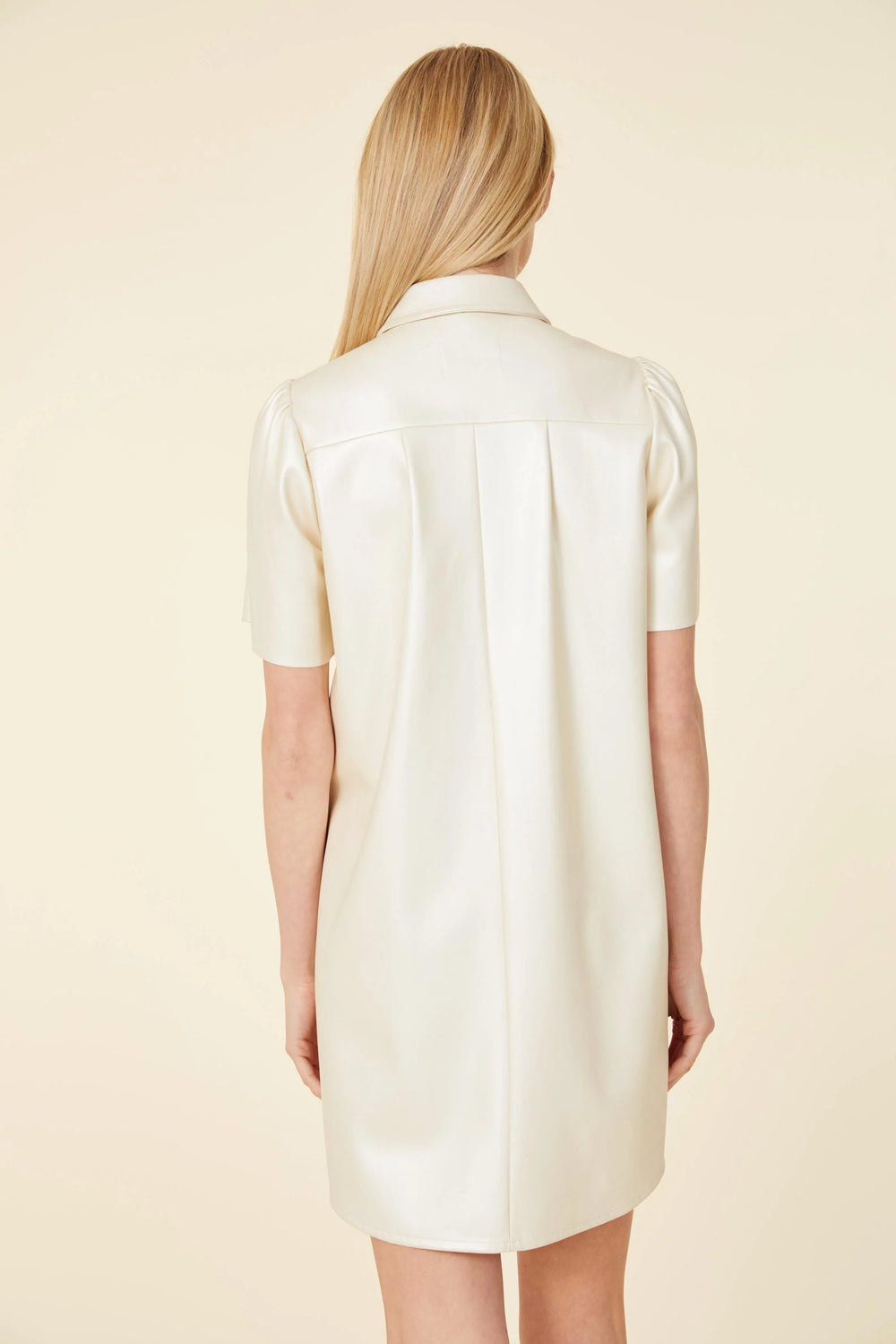Pearlescent Pleather Shirt Dress Quality Women's Boutique Clothing BACK with pleats