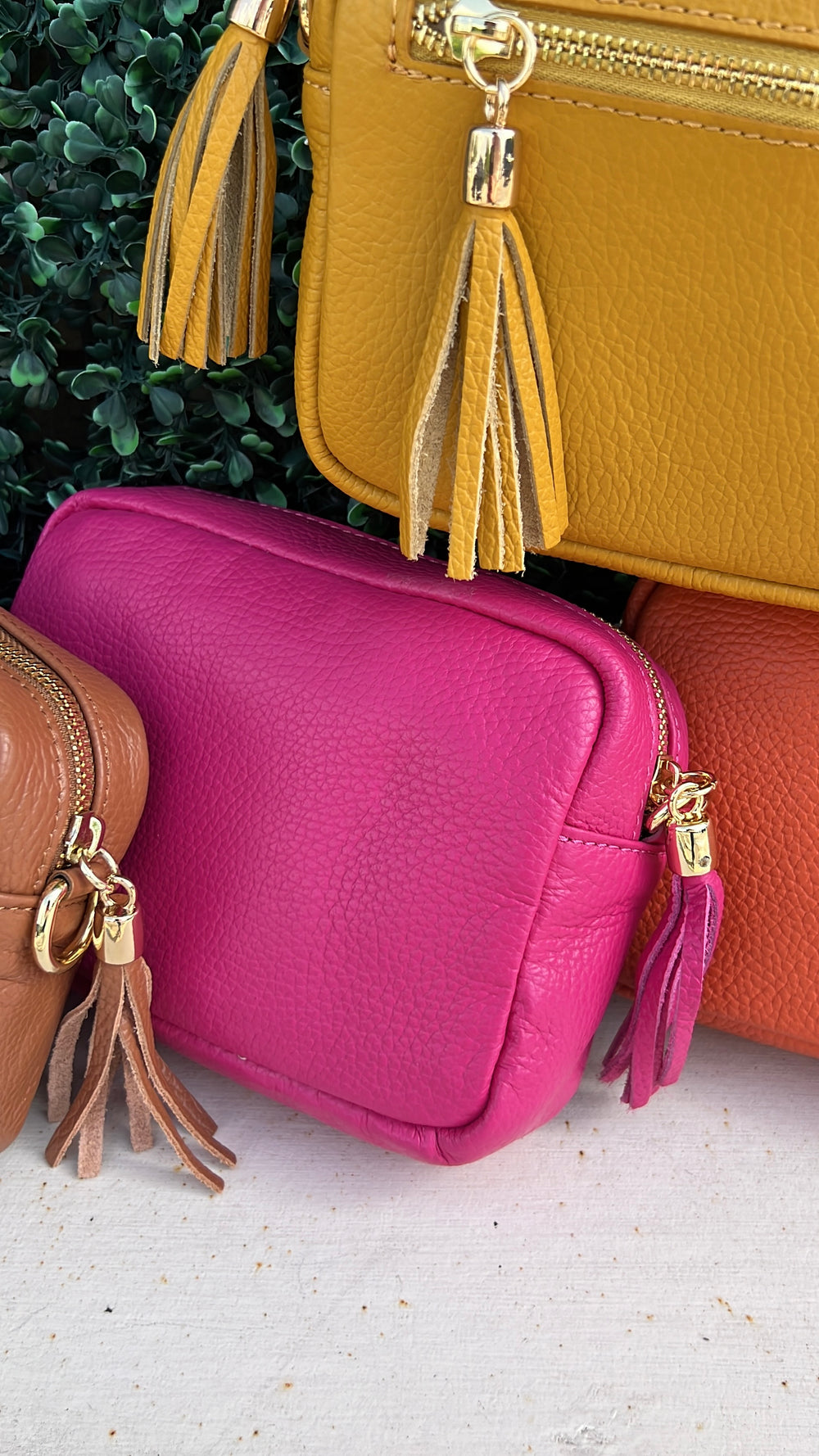 Pebble Leather Tassel Crossbody hot pink