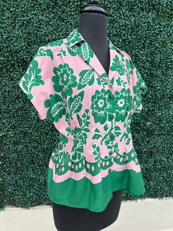 Pink &amp; Green Floral Peplum Blouse Joy Joy Southern Style