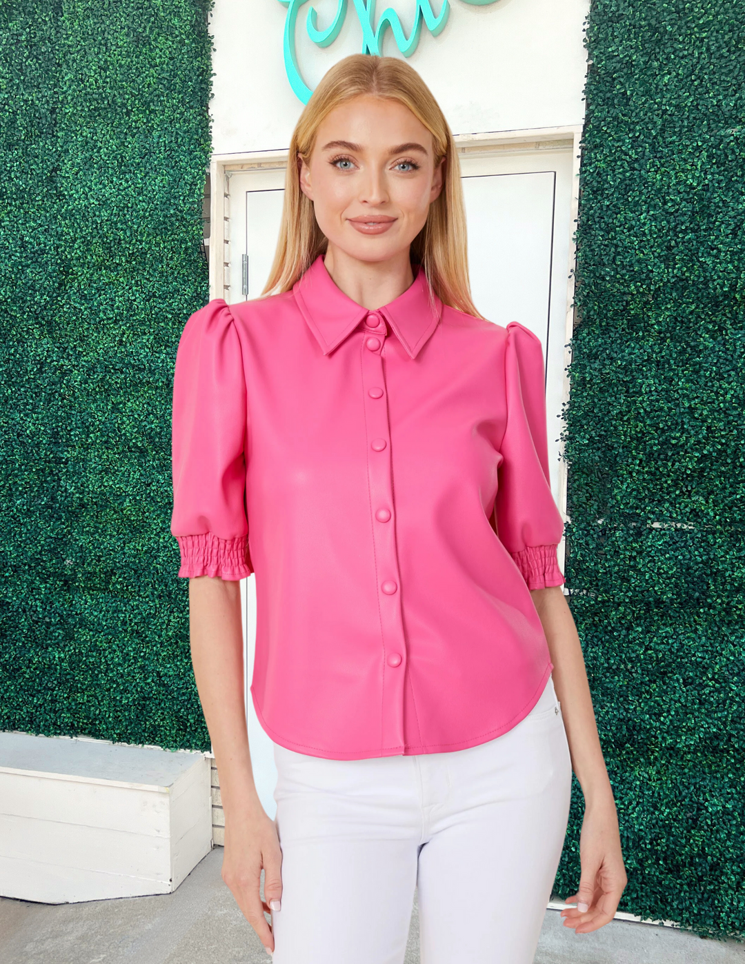 Pink Pleather Puff Blouse Dolce Cabo brand tres chic womens spring blouses boutique