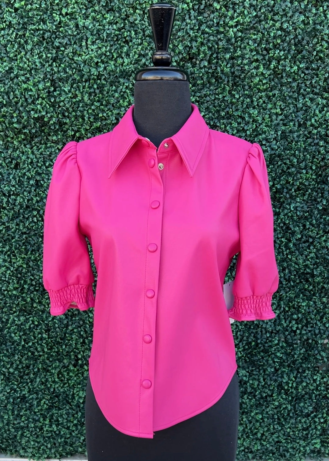 Pink Pleather Puff Blouse high end women's online boutique