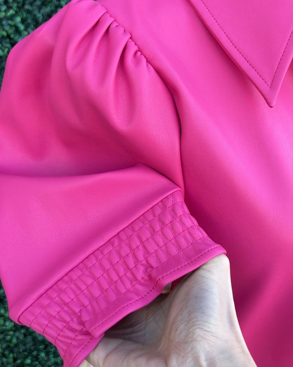Pink Pleather Puff Blouse high end women's online boutique cinched sleeve