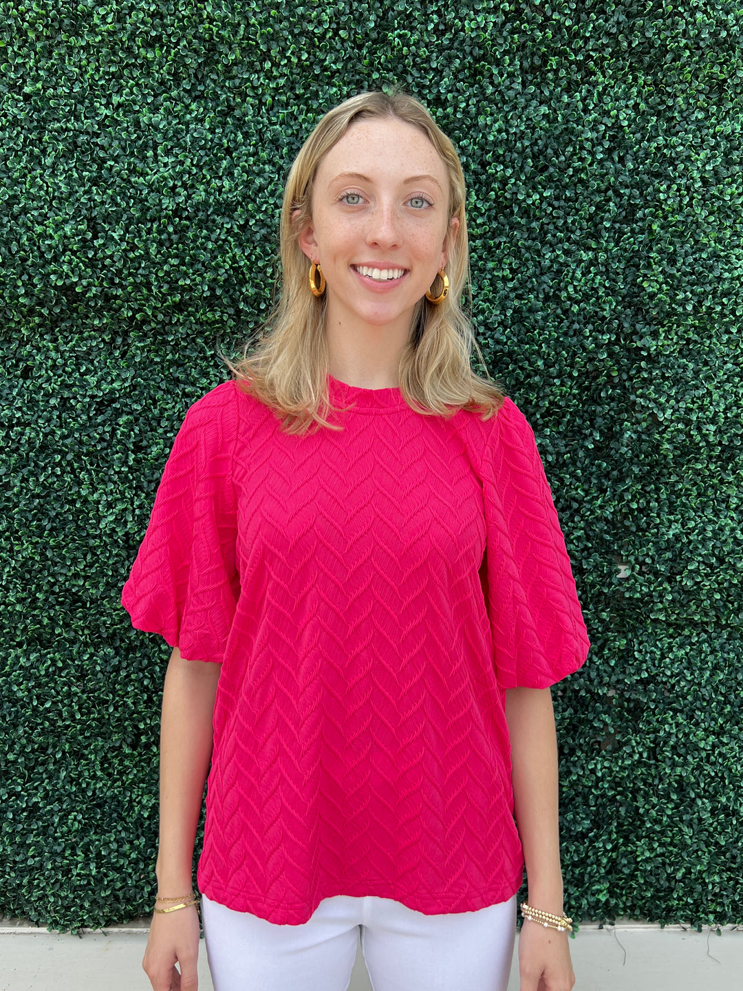 Pink Textured Bubble Sleeve Tee Best Online Women's Boutique Tres Chic