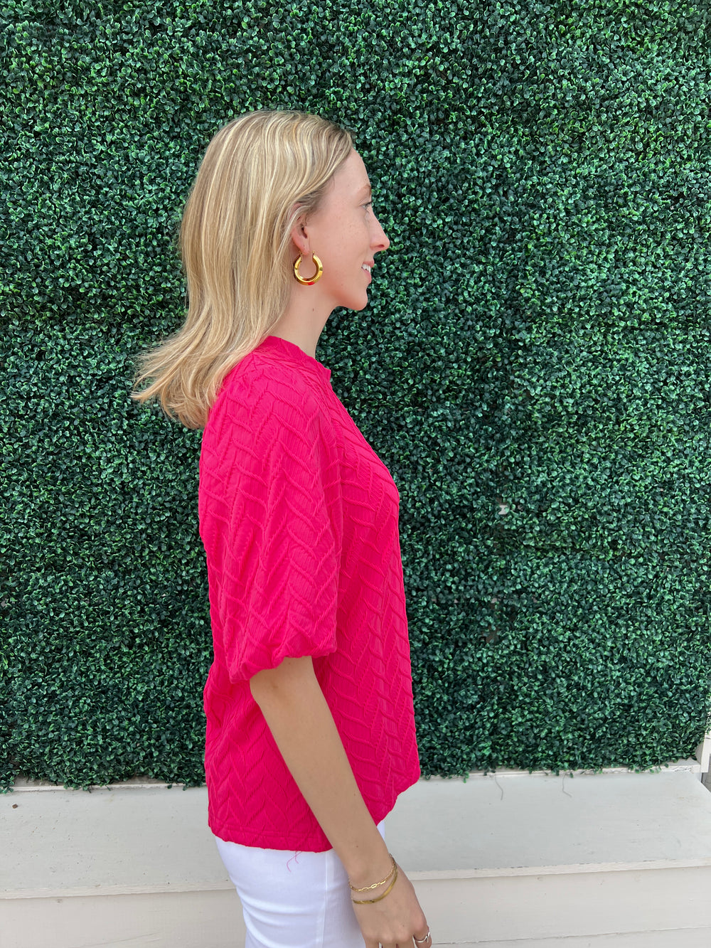 Pink Textured Bubble Sleeve Tee Best Online Women's Boutique Tres Chic side