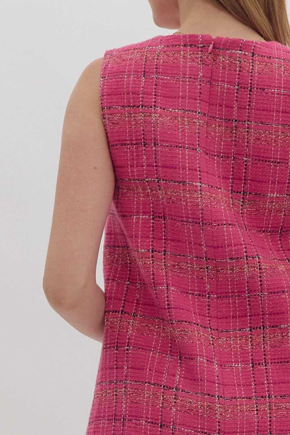 Pink and black Tweed Scalloped Side gold Buttons Dress sleeveless holiday outfit