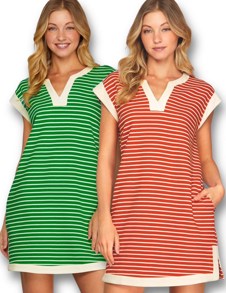 Pique Stripe Cap Sleeve Dress she and sky red and white or green and white 