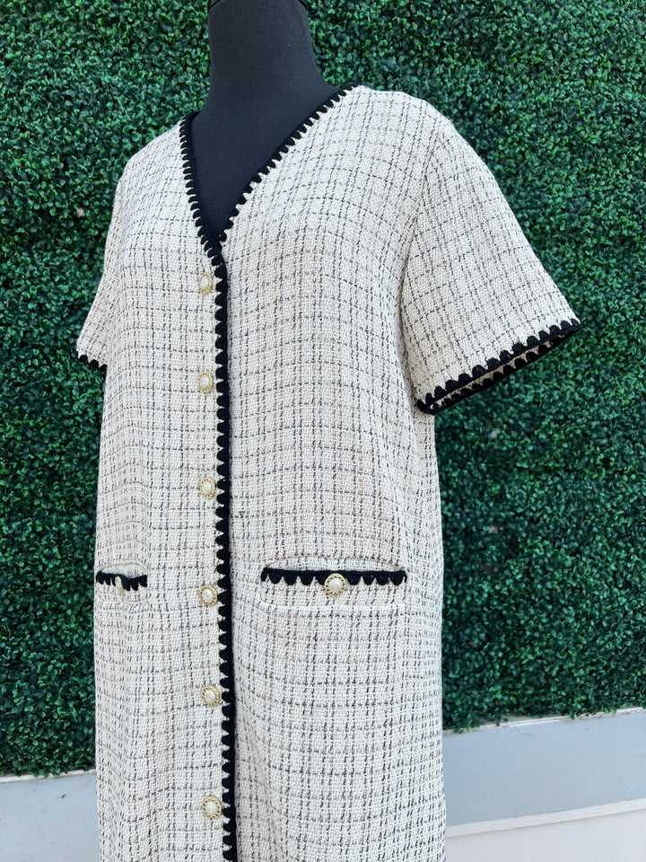 Plaid Tweed Button Up Dress gold buttons and pockets holiday outfit ideas
