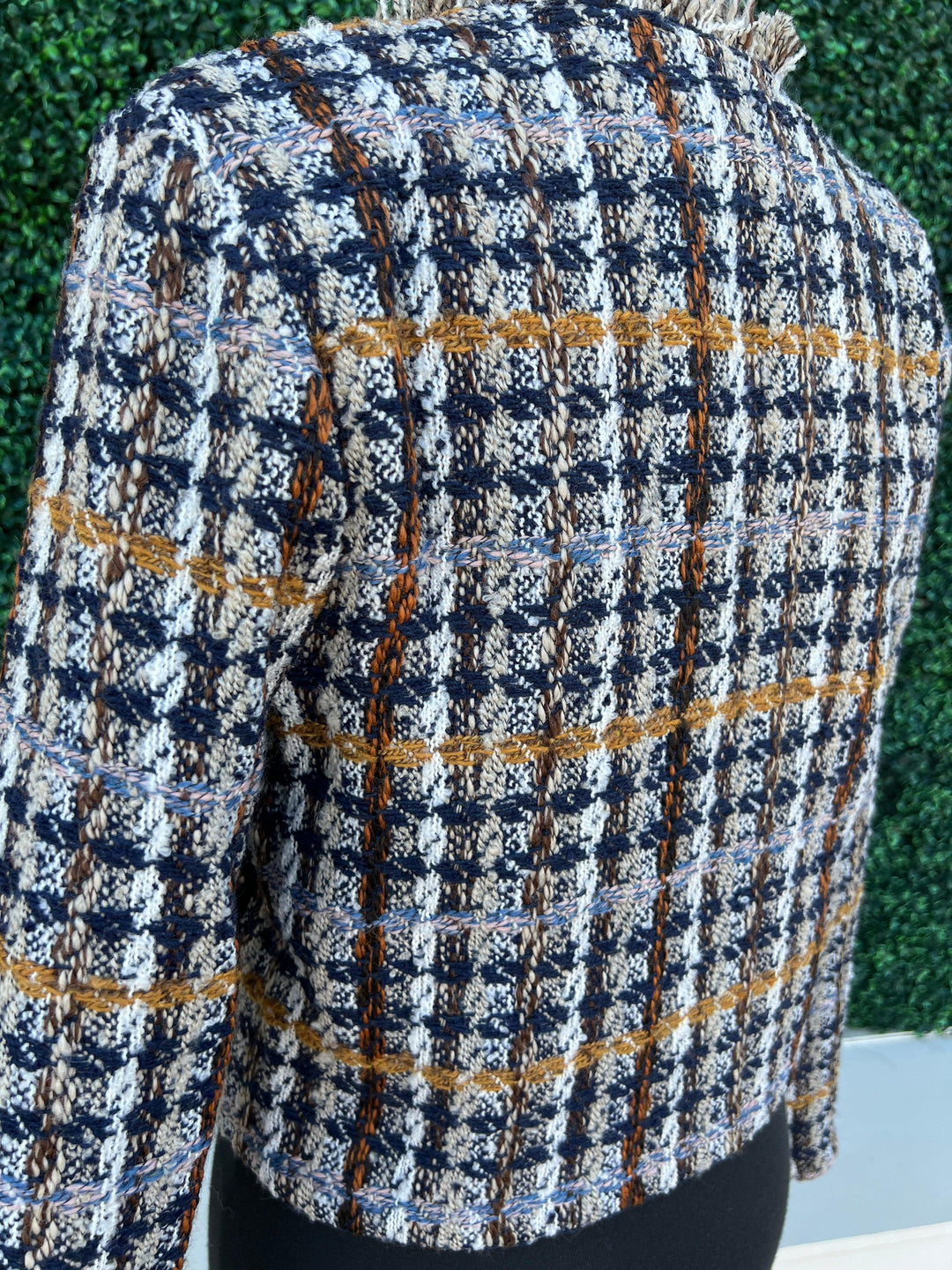 Plaid print Tweed Boxy Blazer fall colors trendy boutique online houston texas denim colors