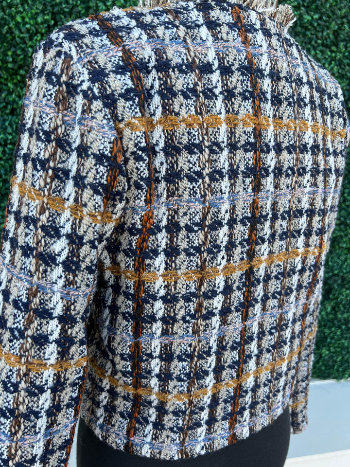 Plaid print Tweed Boxy Blazer fall colors trendy boutique online houston texas denim colors