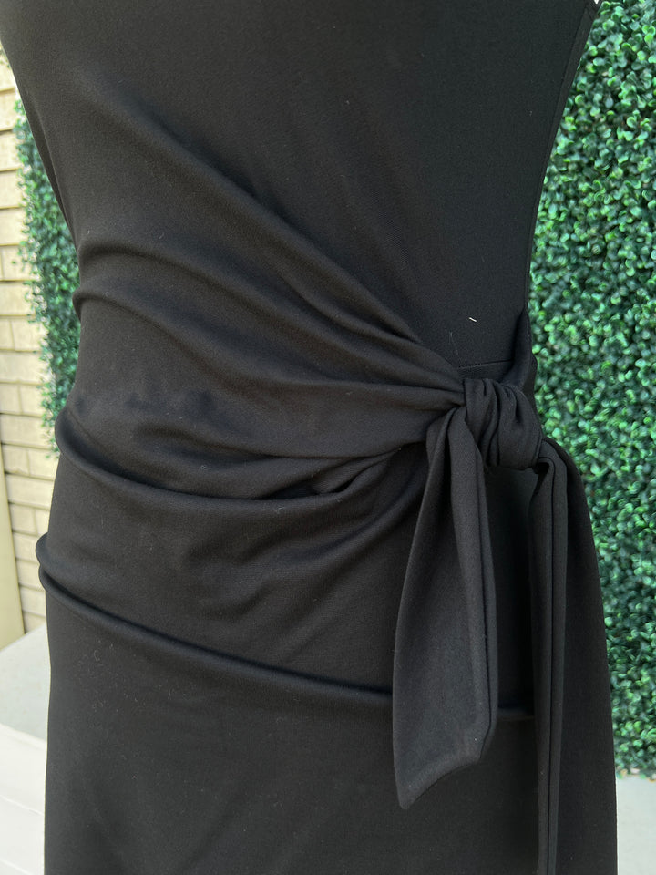 Ponte Knit Side Tie Black Dress Made in USA Women's Boutique body con