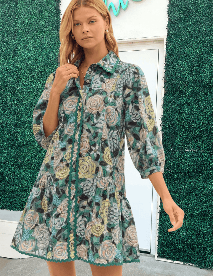 Rickrack Floral Dress cotton entro brand blue teal blush fall winter florals