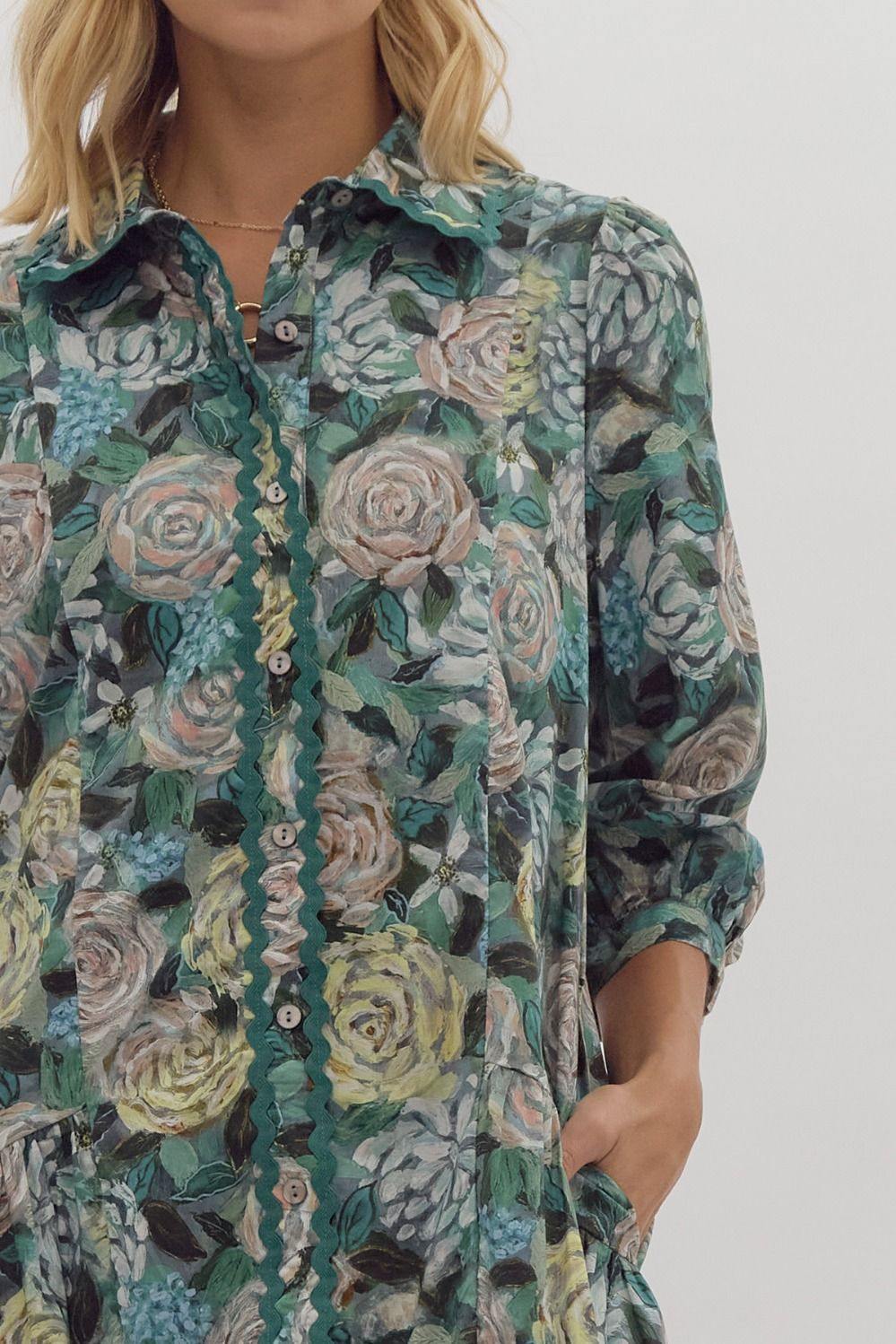 Rickrack Floral Dress cotton entro brand blue teal blush fall winter florals