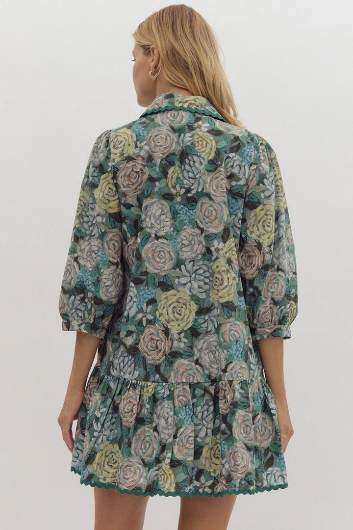 Rickrack Floral Dress cotton entro brand blue teal blush fall winter florals with pockets and drop waist