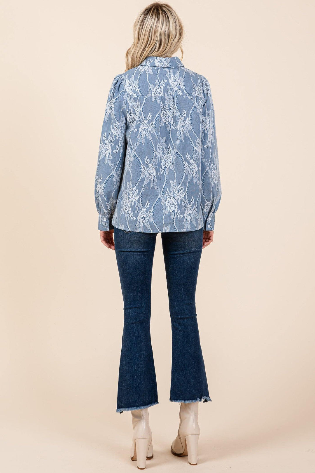 Rodeo Houston Fall 2024 blouse with light denim and white lace overlay tres chic boutique