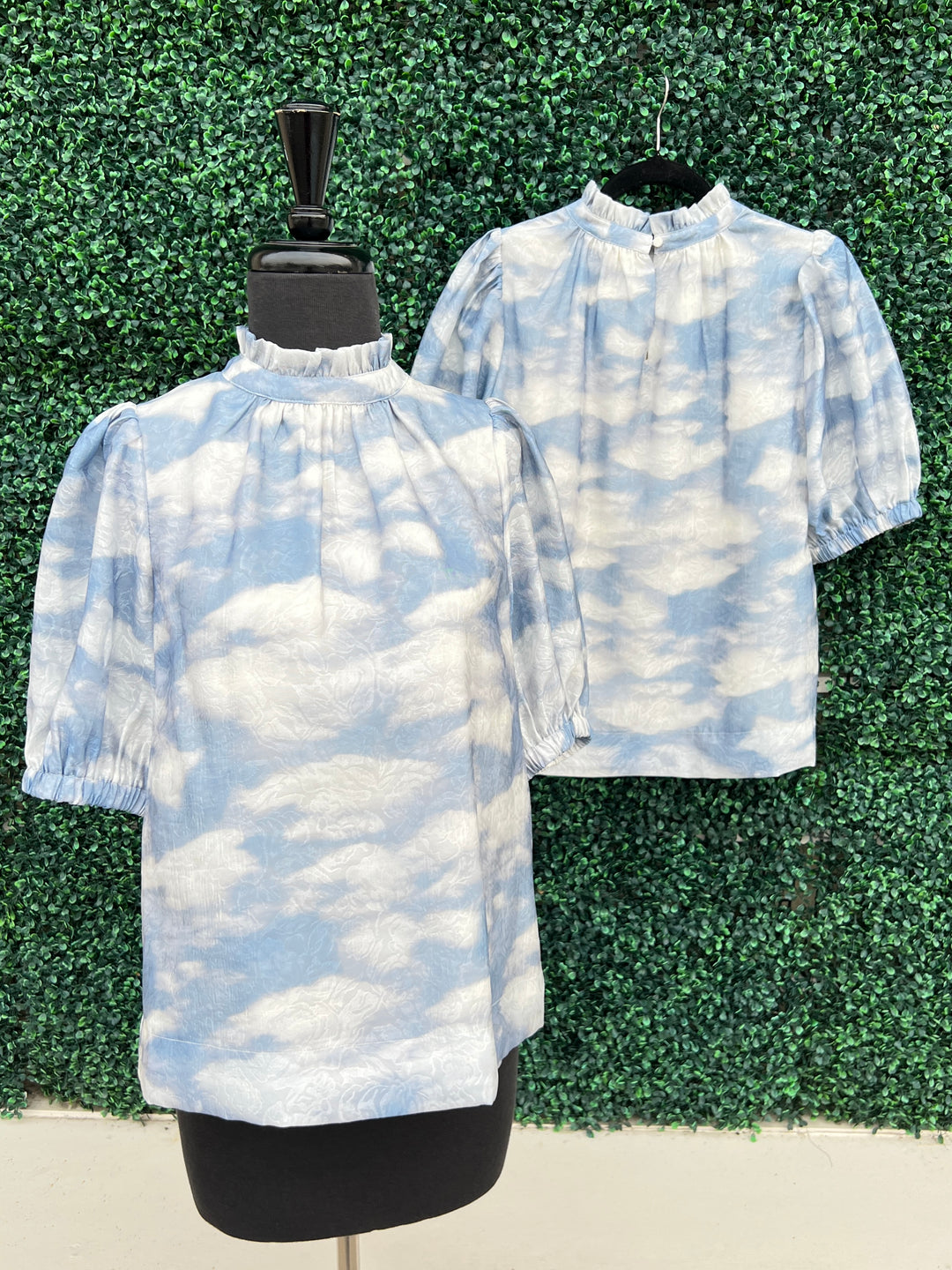 Ruffle Cloud Print blouse lightweight ruffle neck joy joy