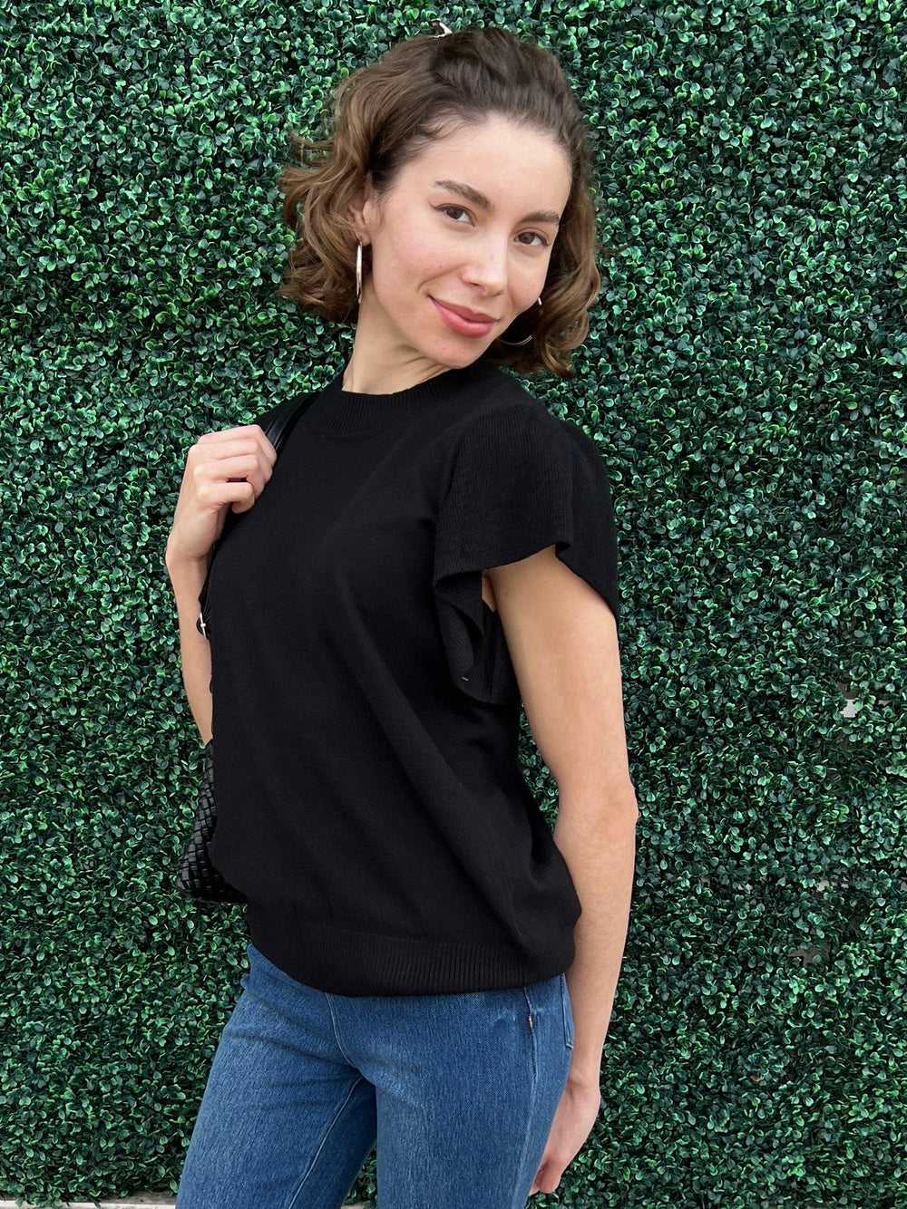 Ruffle Sleeve T-Shirt Sweater in black mainstrip brand