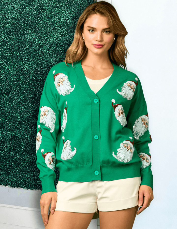 Santa Sequins Oversized Cardigan green and red festive outerwear