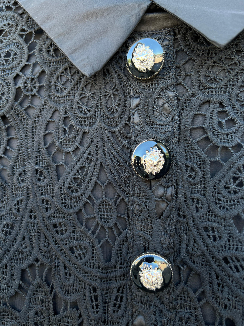 Satin Collar & Gold Buttons Lace Dress jackie o style little black dress vintage inspired women over 50 jade brand tres chic womens dresses boutique