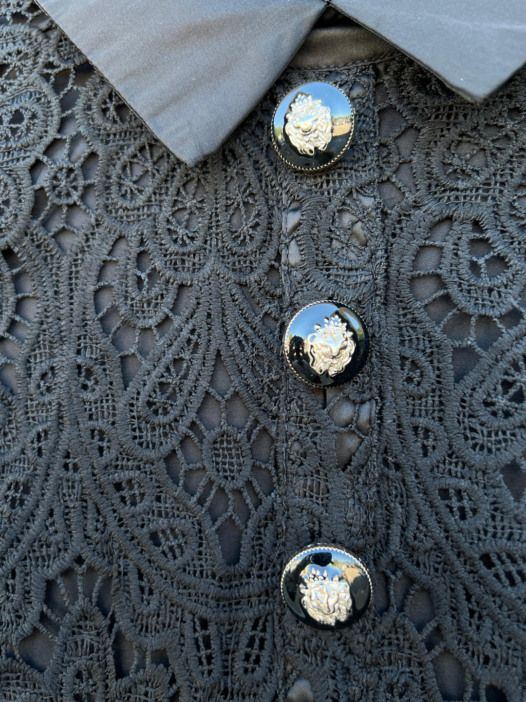 Satin Collar &amp; Gold Buttons Lace Dress jackie o style little black dress vintage inspired women over 50 jade brand tres chic womens dresses boutique