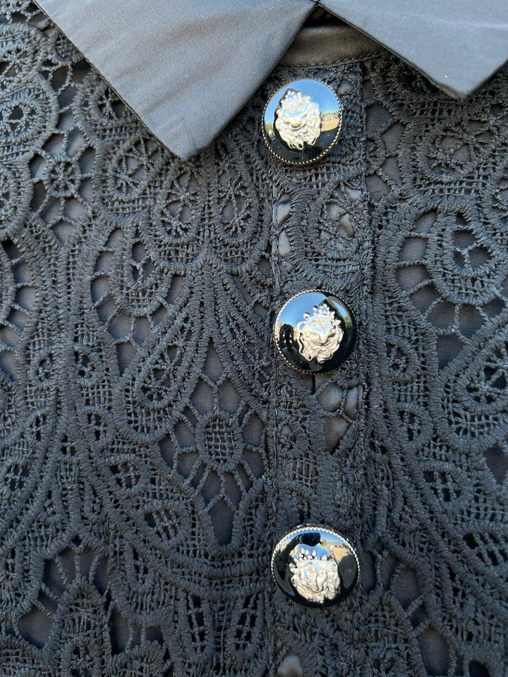 Satin Collar &amp; Gold Buttons Lace Dress jackie o style little black dress vintage inspired women over 50 jade brand tres chic womens dresses boutique
