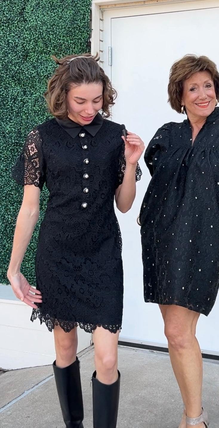 Satin Collar &amp; Gold Buttons Lace Dress jackie o style little black dress vintage inspired women over 50 jade brand tres chic womens dresses boutique