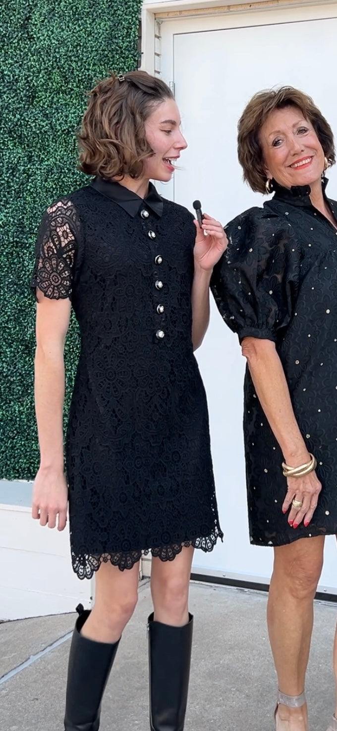 Satin Collar &amp; Gold Buttons Lace Dress jackie o style little black dress vintage inspired women over 50 jade brand tres chic womens dresses boutique