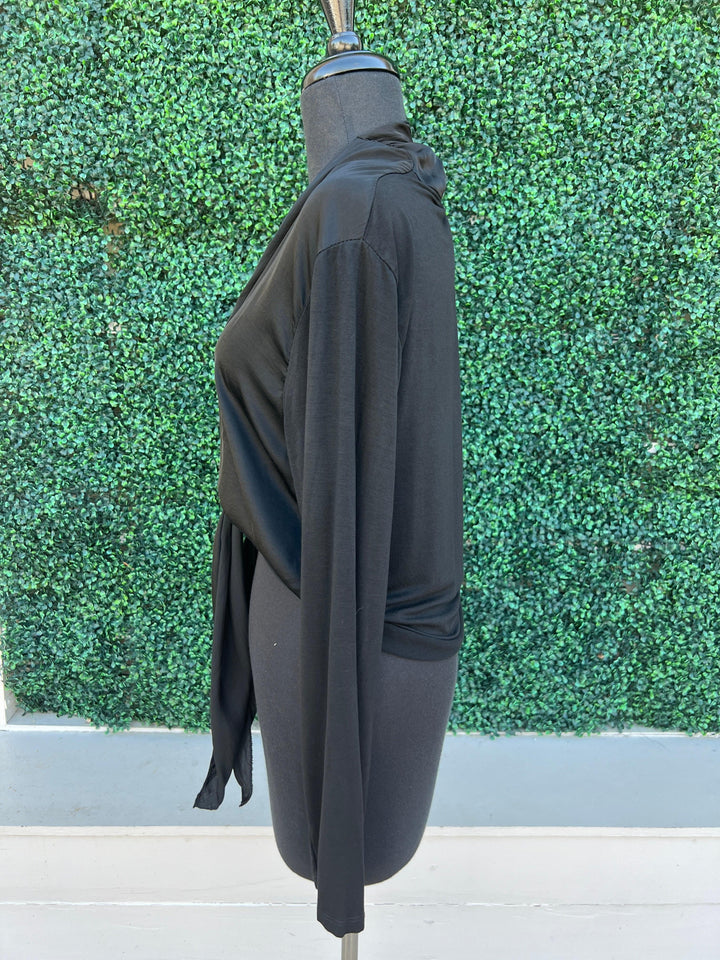 Satin & Knit Tie Cardigan lightweight layering piece Milio Milano Inc layer over a dress or top shown side view