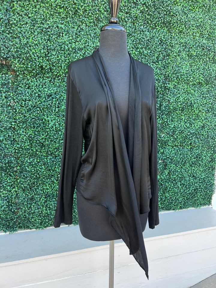 Satin & Knit Tie Cardigan lightweight layering piece Milio Milano Inc layer over a dress or top shown untied