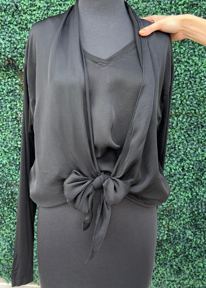 Satin & Knit Tie Cardigan lightweight layering piece Milio Milano Inc black