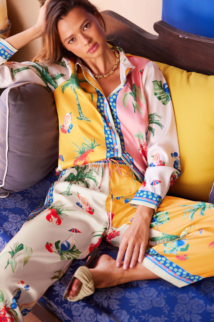 Satin Tropical Scarf Print Top Matching Pants Vacation Outfit