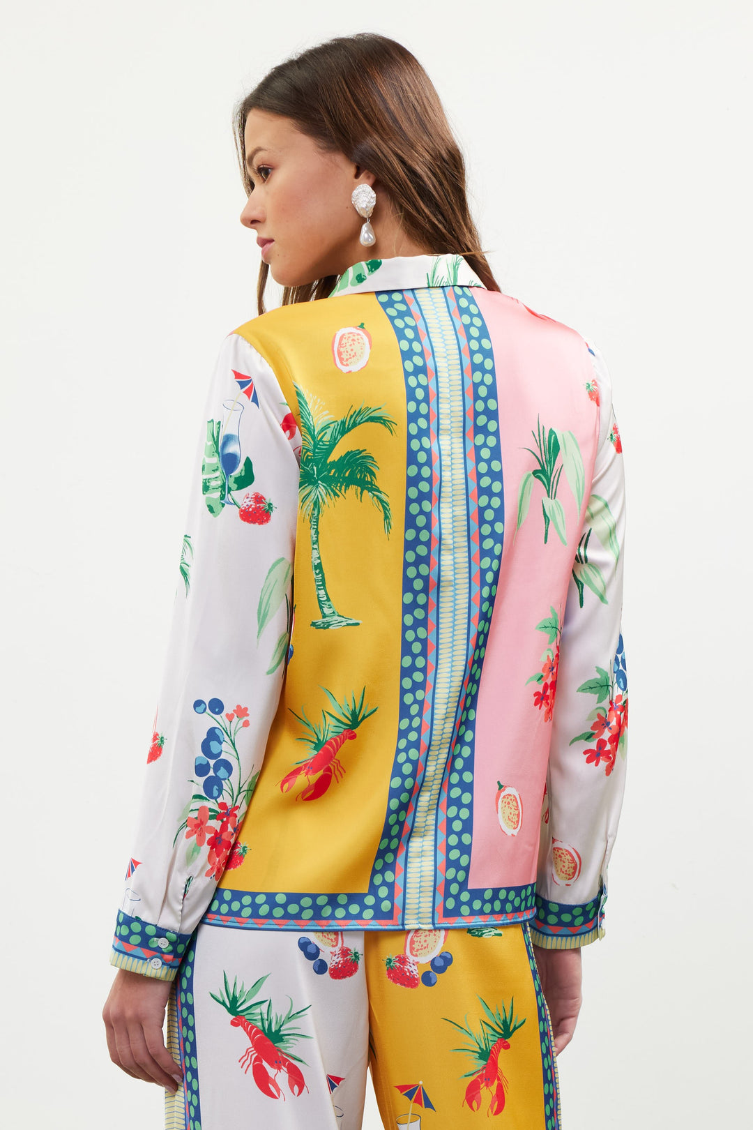 Satin Tropical Scarf Top Matching Pants Vacation Outfit crawfish floral strawberry boarder print back