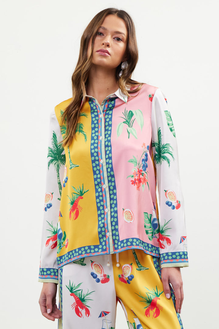 Satin Tropical Scarf crawfish floral strawberry boarder print yellow blush cream red