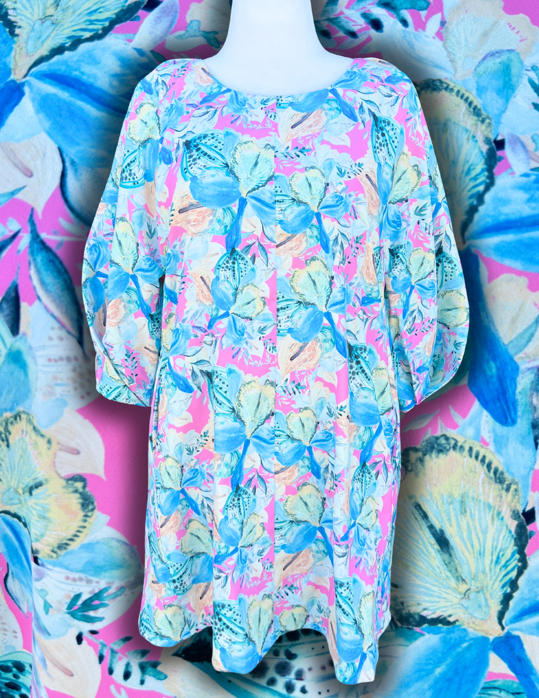 Sculptural Long Sleeve Floral Dress pastel colors orchids