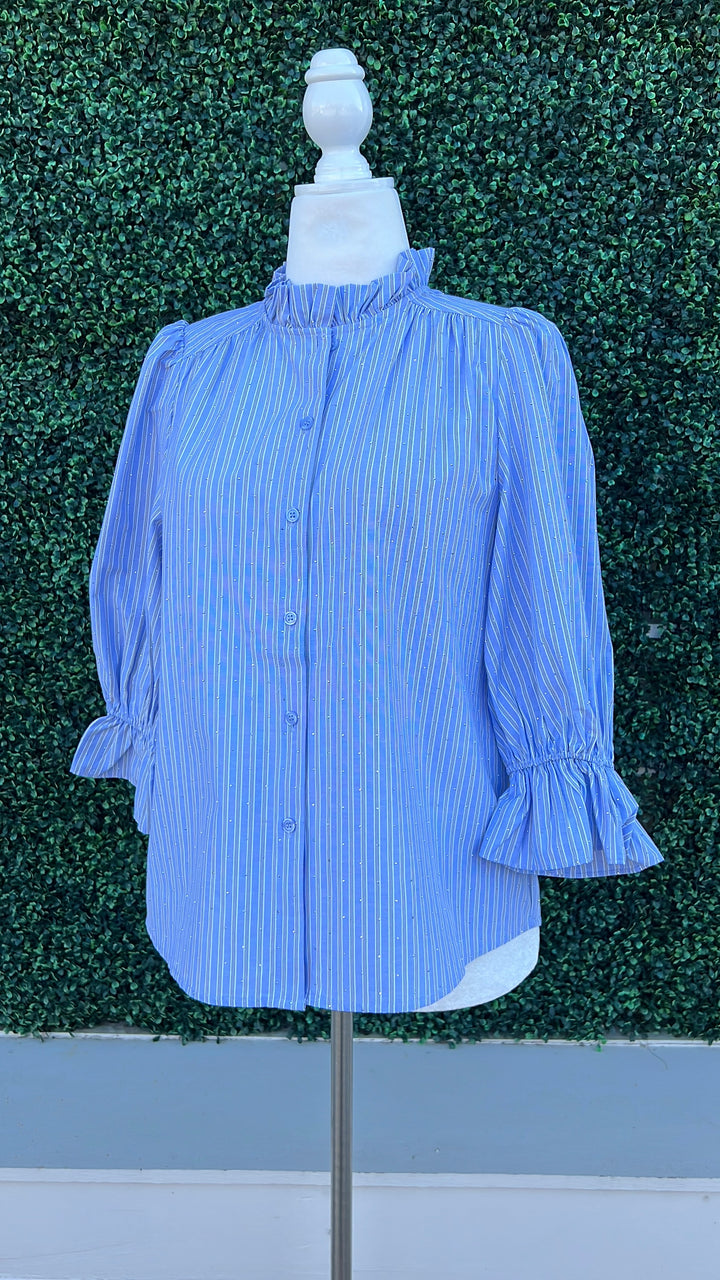 Sequin Blue Pinstripe Button Up High End Women's Online Boutique