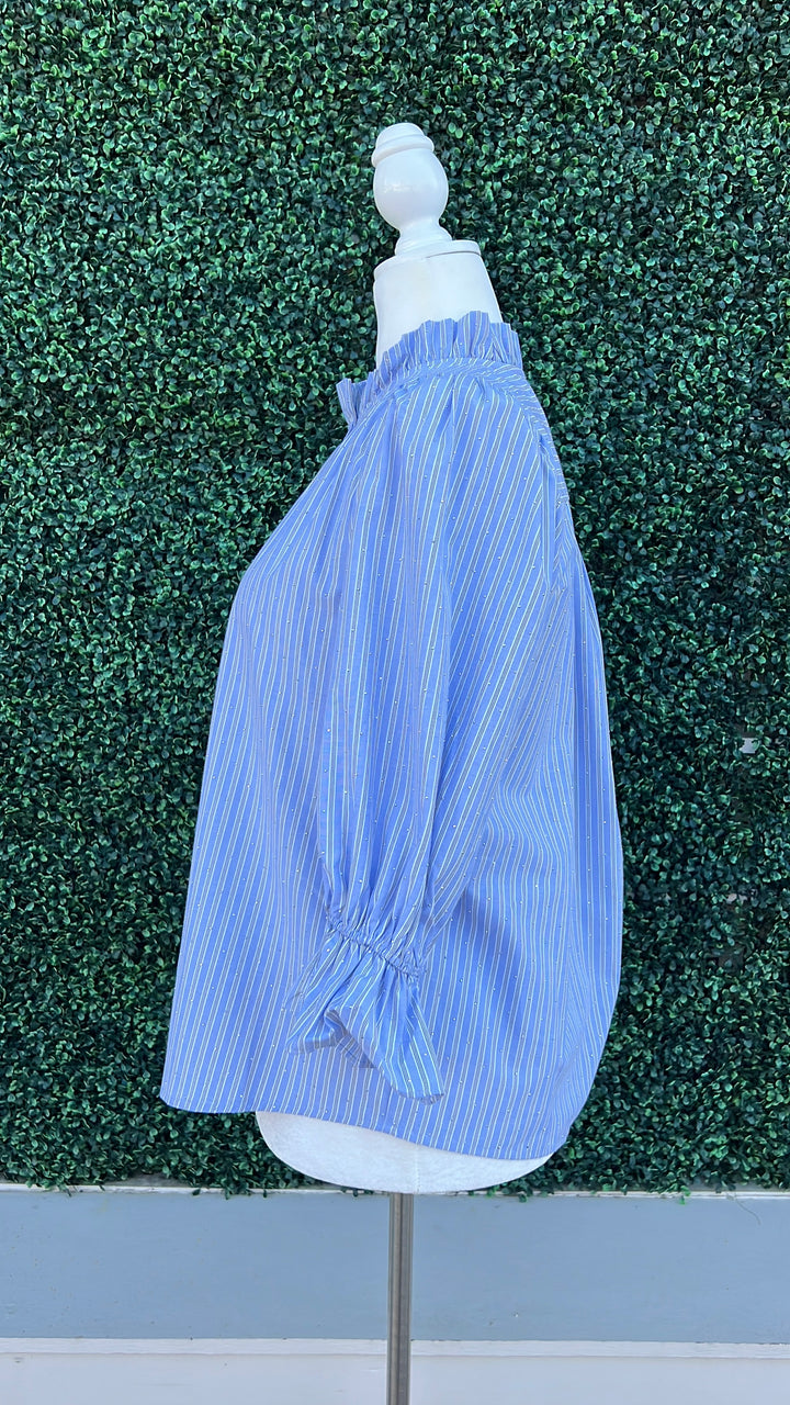 Sequin Blue Pinstripe Button Up High End Women's Online Boutique side view