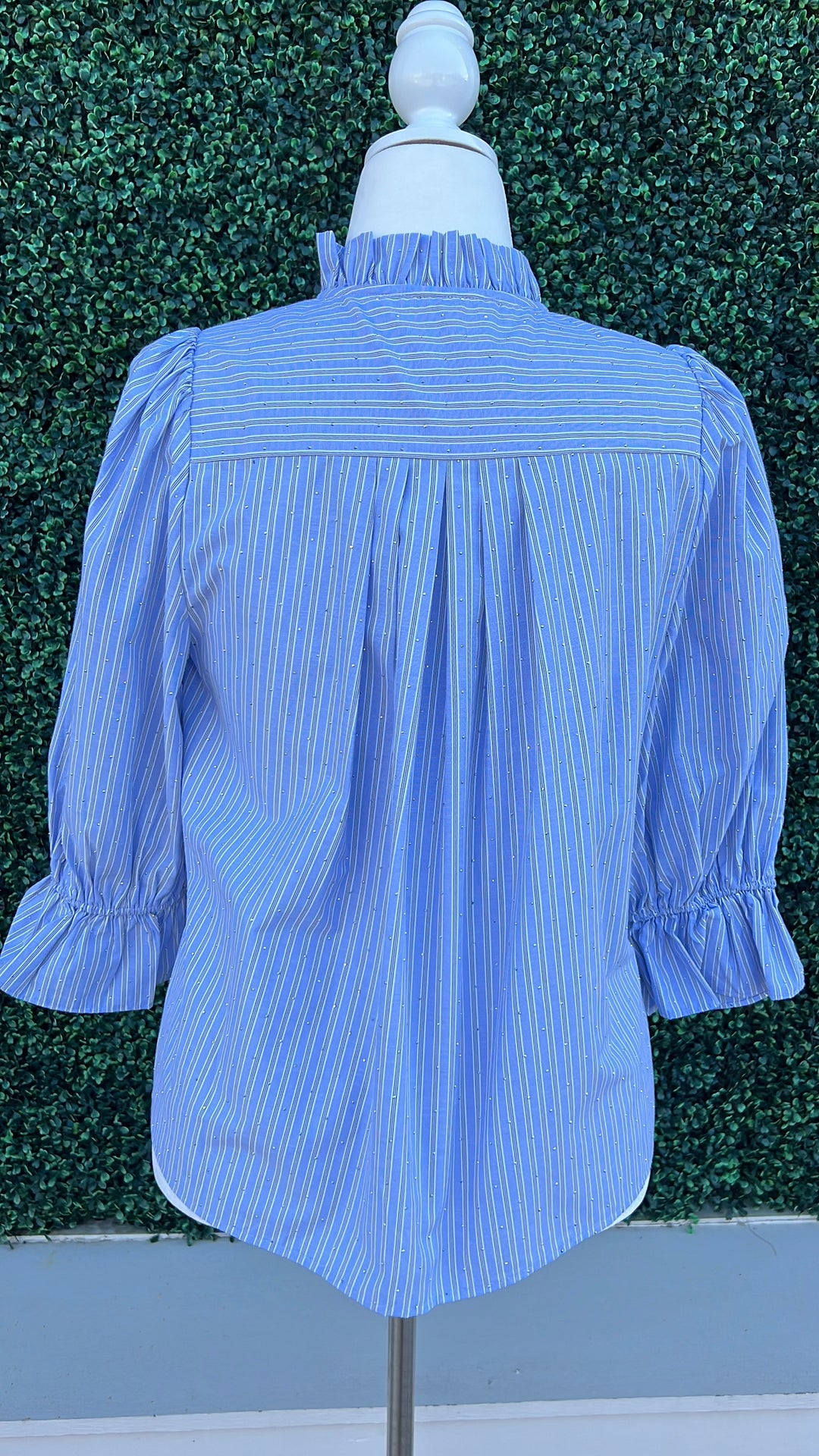 Sequin Blue Pinstripe Button Up High End Women's Online Boutique with pleated back