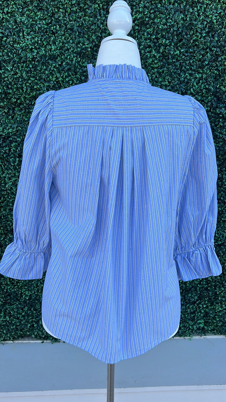Sequin Blue Pinstripe Button Up High End Women's Online Boutique with pleated back