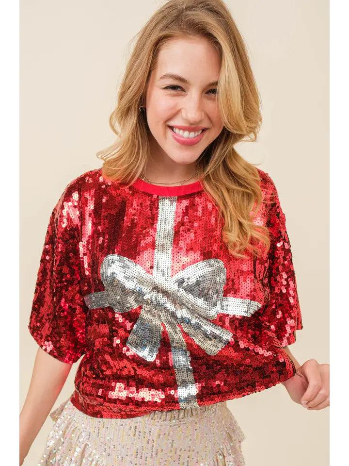 Sequin Gift Wrapped Present Tee boxy cropped fit red and silver christmas outfit idea gifts for women boutique tres chic festive