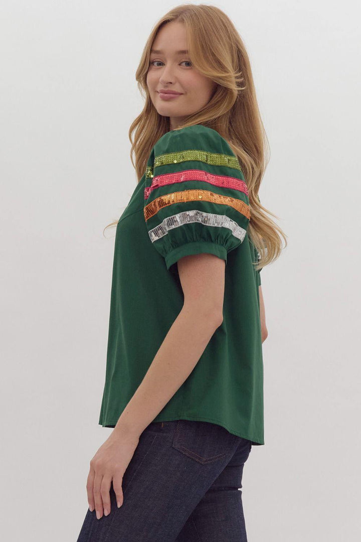 Sequin Strip Puff Sleeve Blouse fiesta theme holiday top unique boutique