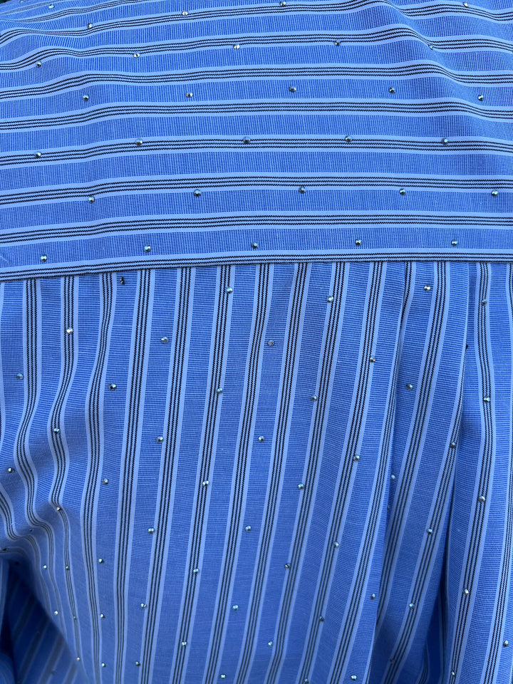 Sequin Blue Pinstripe Button Up High End Women's Online Boutique