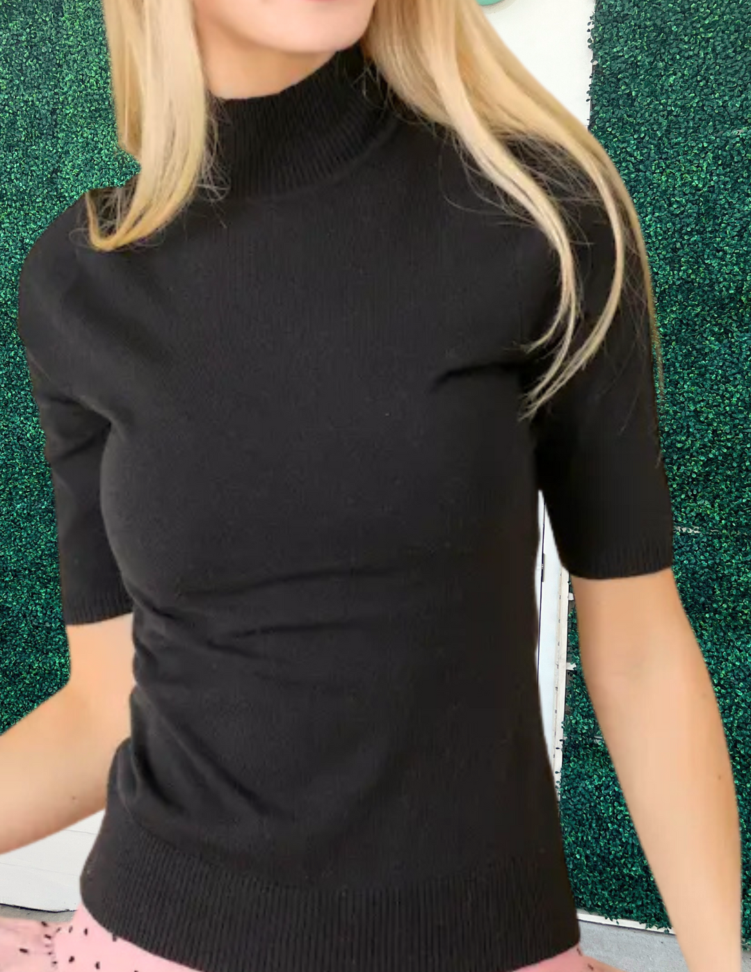 Short Sleeve Fitted Black Sweater mock neck mainstrip