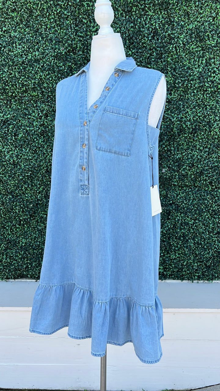 Sleeveless collared denim flounce hem dress 100% cotton