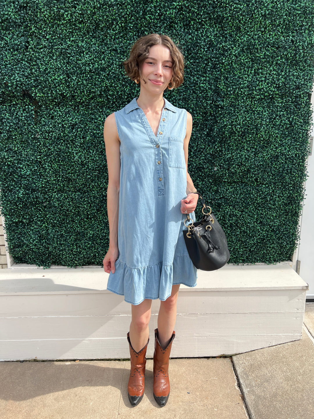 Sleeveless collared denim flounce hem dress 100% cotton