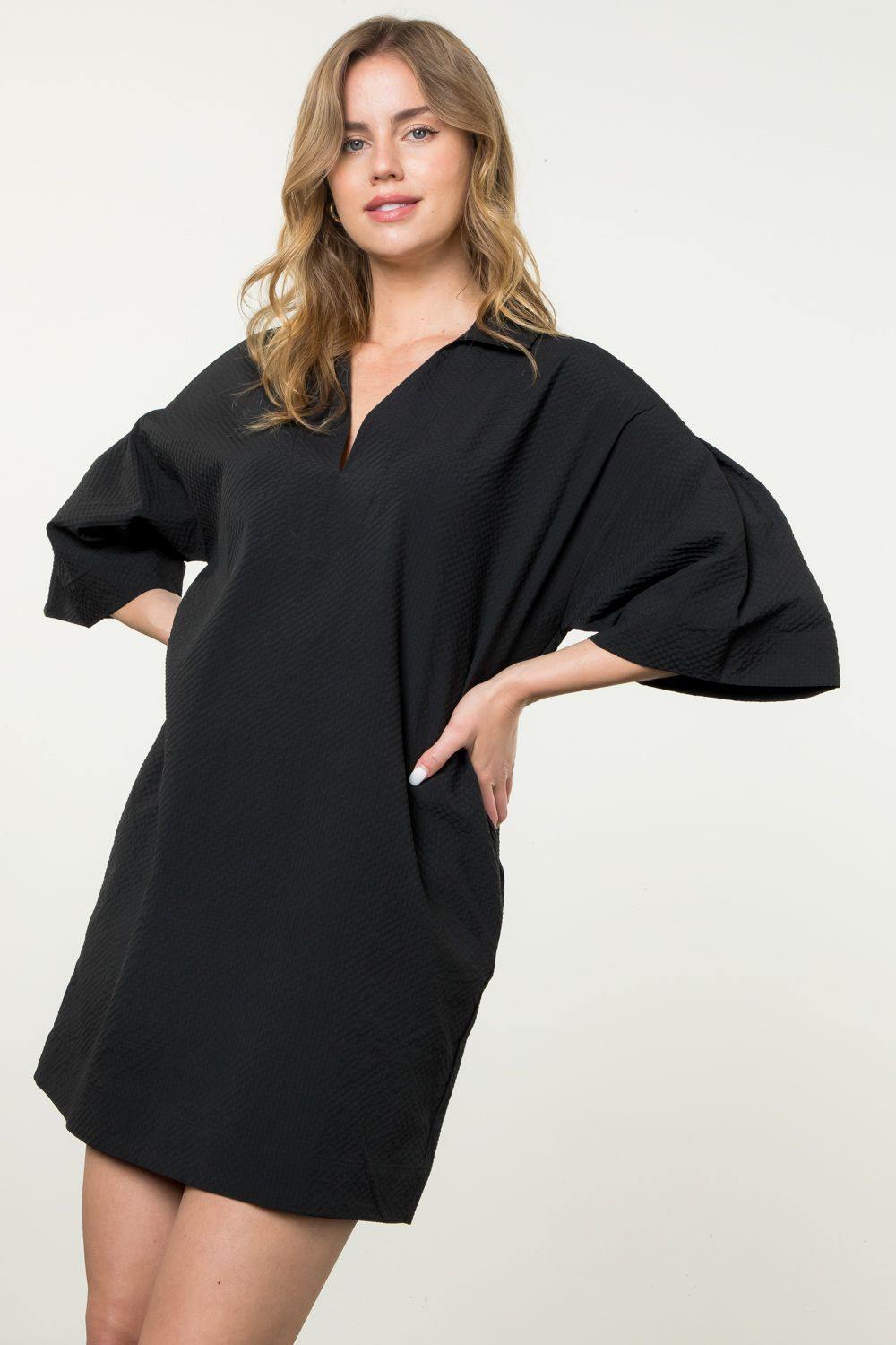 textured v neck dramatic sleeve dress 