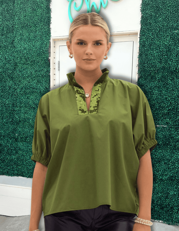 Sequin V-neck Olive Cotton Top