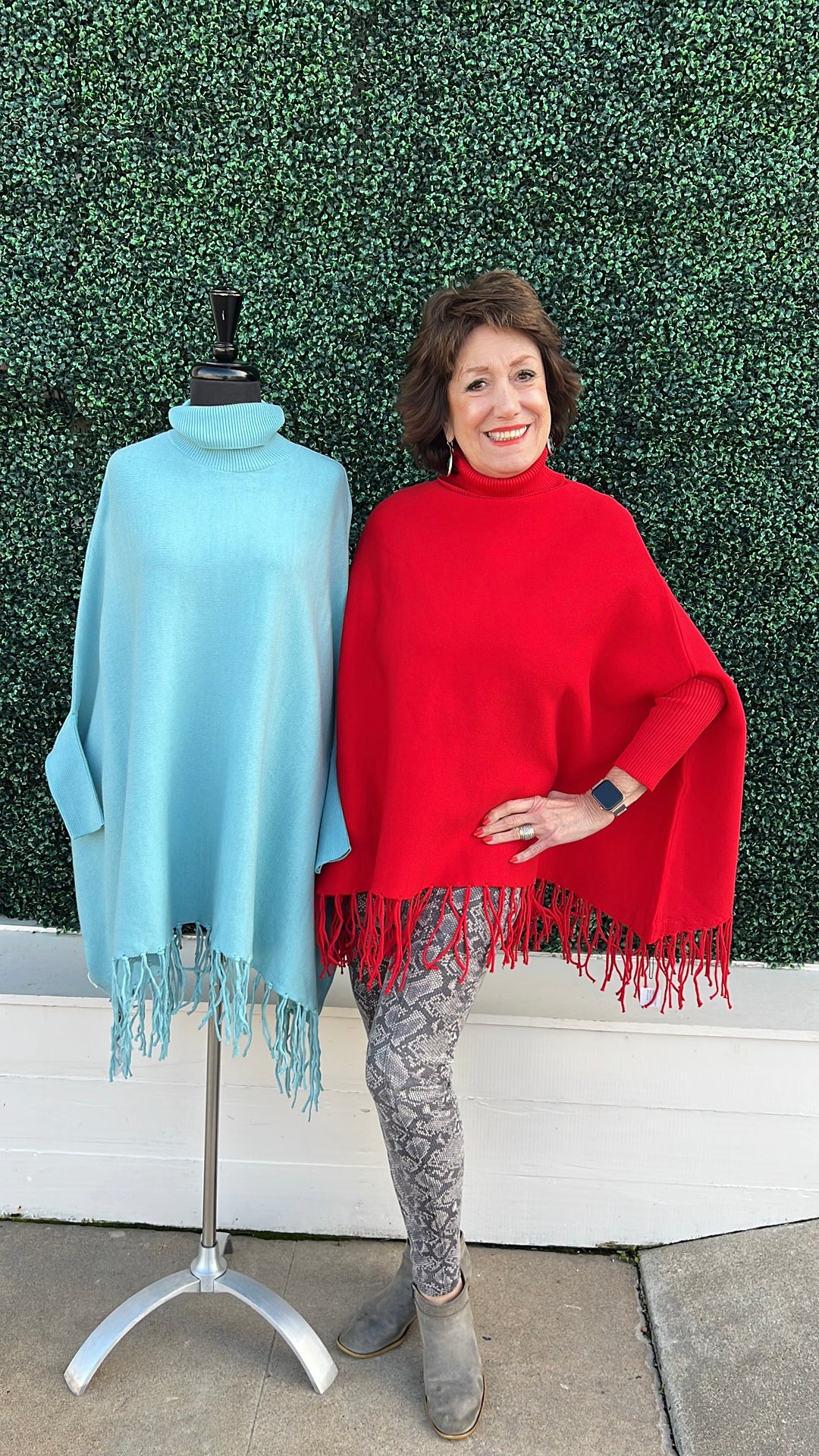 Turtleneck Acrylic Fringe Poncho Sweater baby blue and red