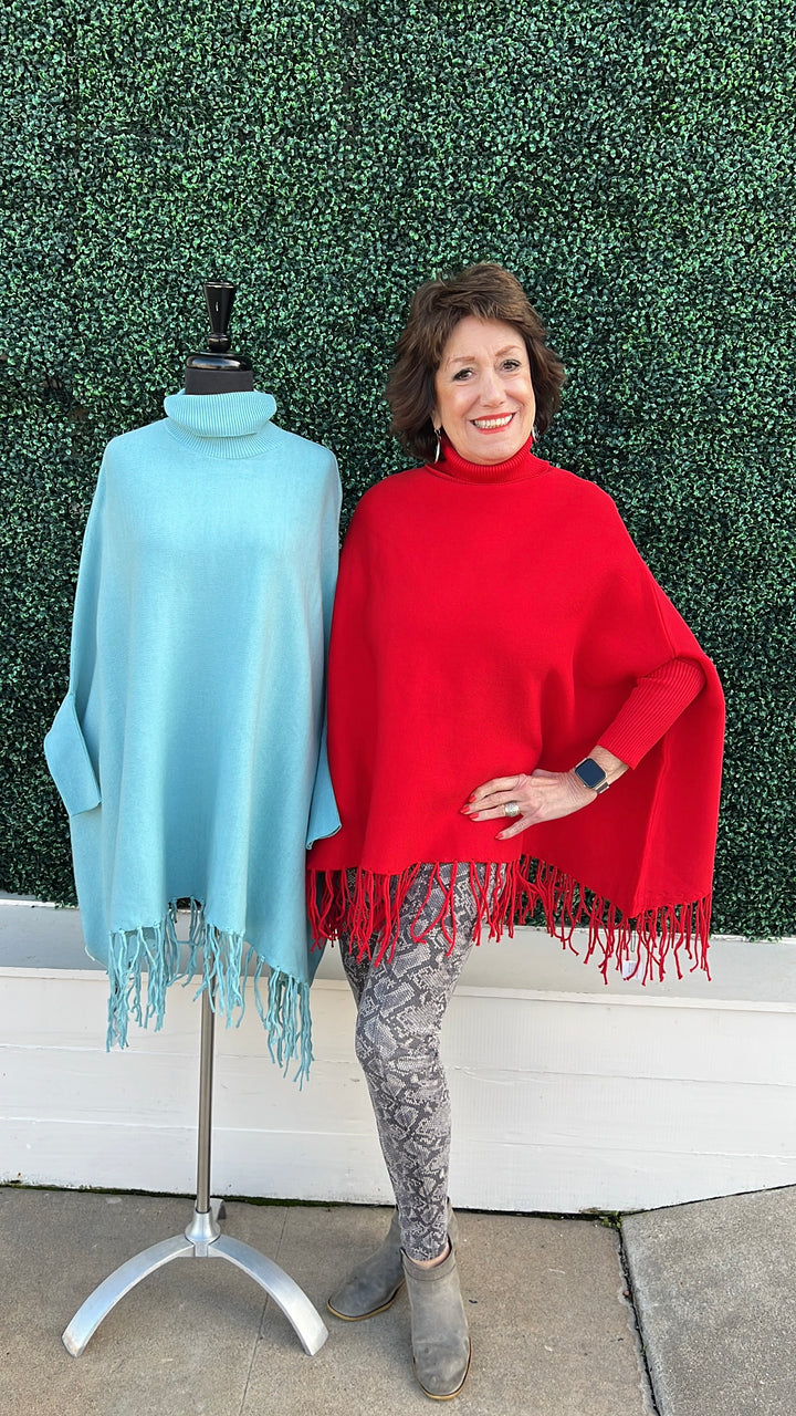 Turtleneck Acrylic Fringe Poncho Sweater baby blue and red