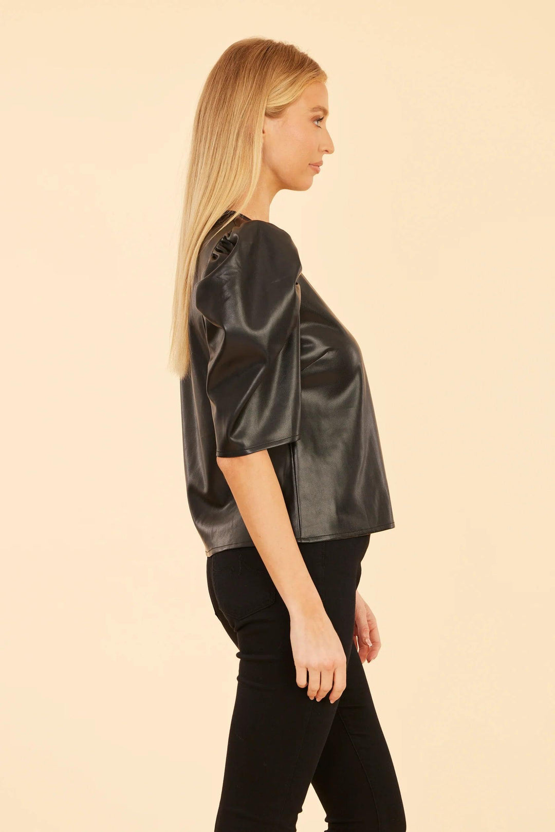 Vegan Leather Puff Blouse black fall 2024 dolce cabo brand