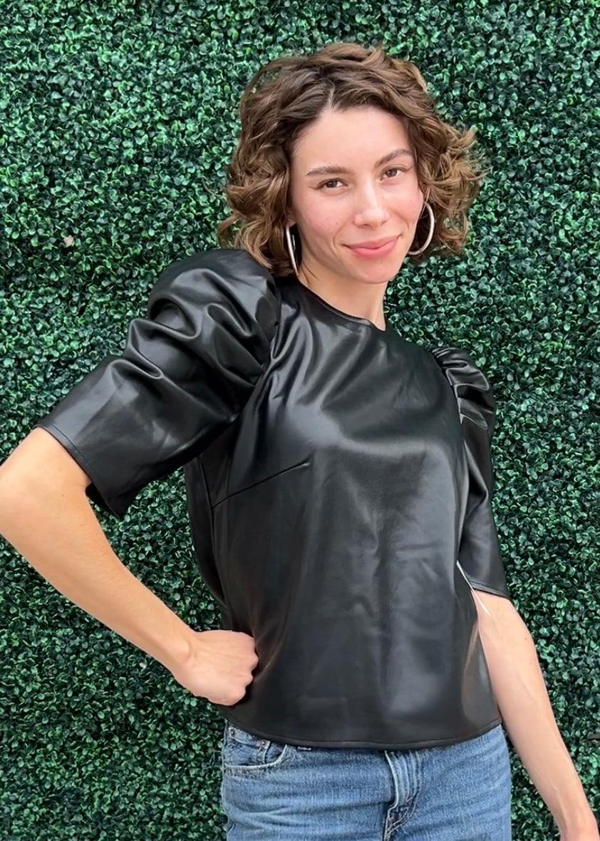 Vegan Leather Puff Blouse black fall 2024 tres chic boutique trendy online clothing