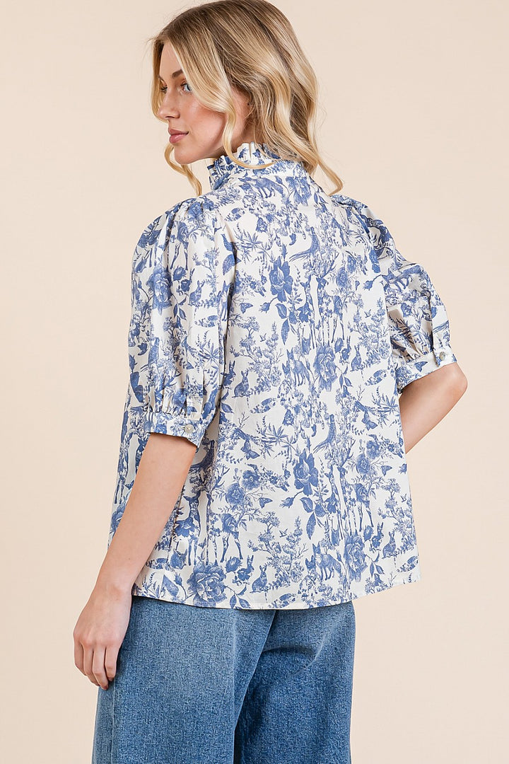 Vintage Blue &amp; White Print Top smocked ruffle collar button up geegee